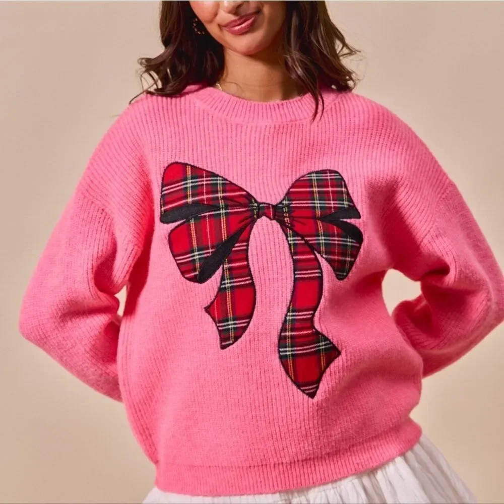 SO ME Women's Pink Plaid Bow Appliqué Sweater Oversized Holiday Knits sz XL